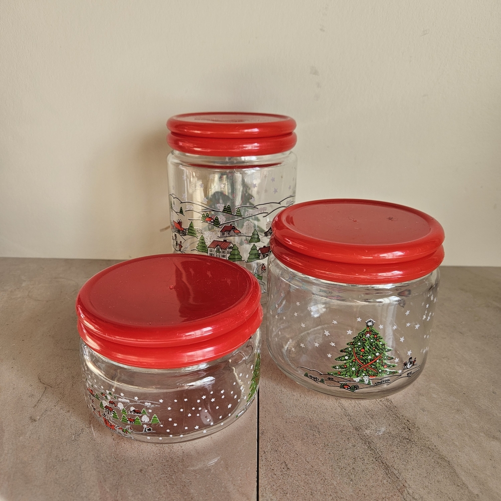 Set of 3 Festive Glass Jars with Red Lids
